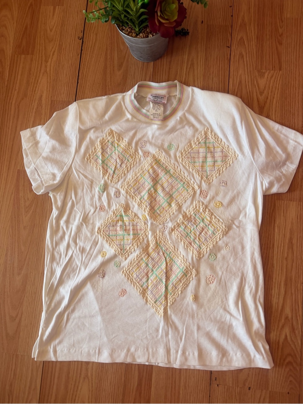 Cricket Lane Vintage Short Sleeve White Geometric Print Shirt, S Oversize